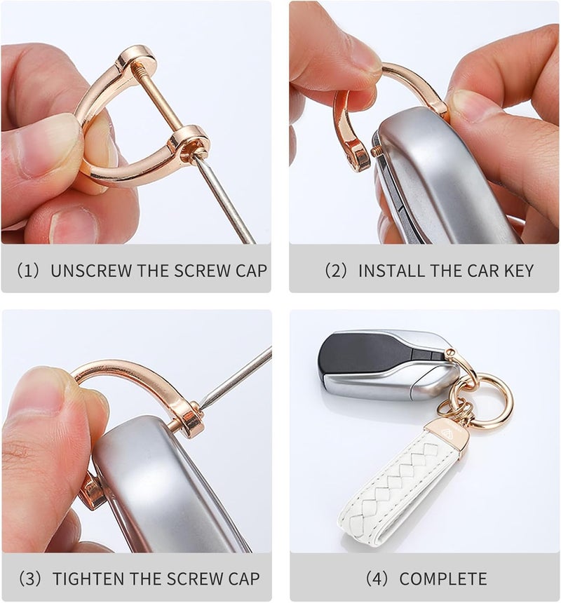 Hamdecro Store Genuine Leather Car Keychain, Handmade Knit Sheepskin Key chains for Women, Universal Key Fob Holder with 360 Degree Rotatable, Anti-Lost D-Ring, 2 Keyrings and 1 Screwdriver – White - Image 4